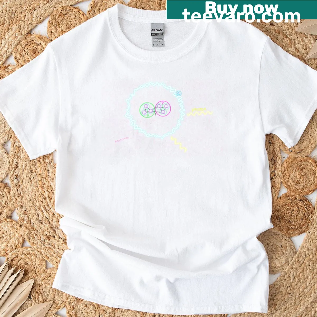 T-shirt featuring the names of fundamental particles: quarks, gluons, electrons, photons, neutrinos. — on a men's t-shirt