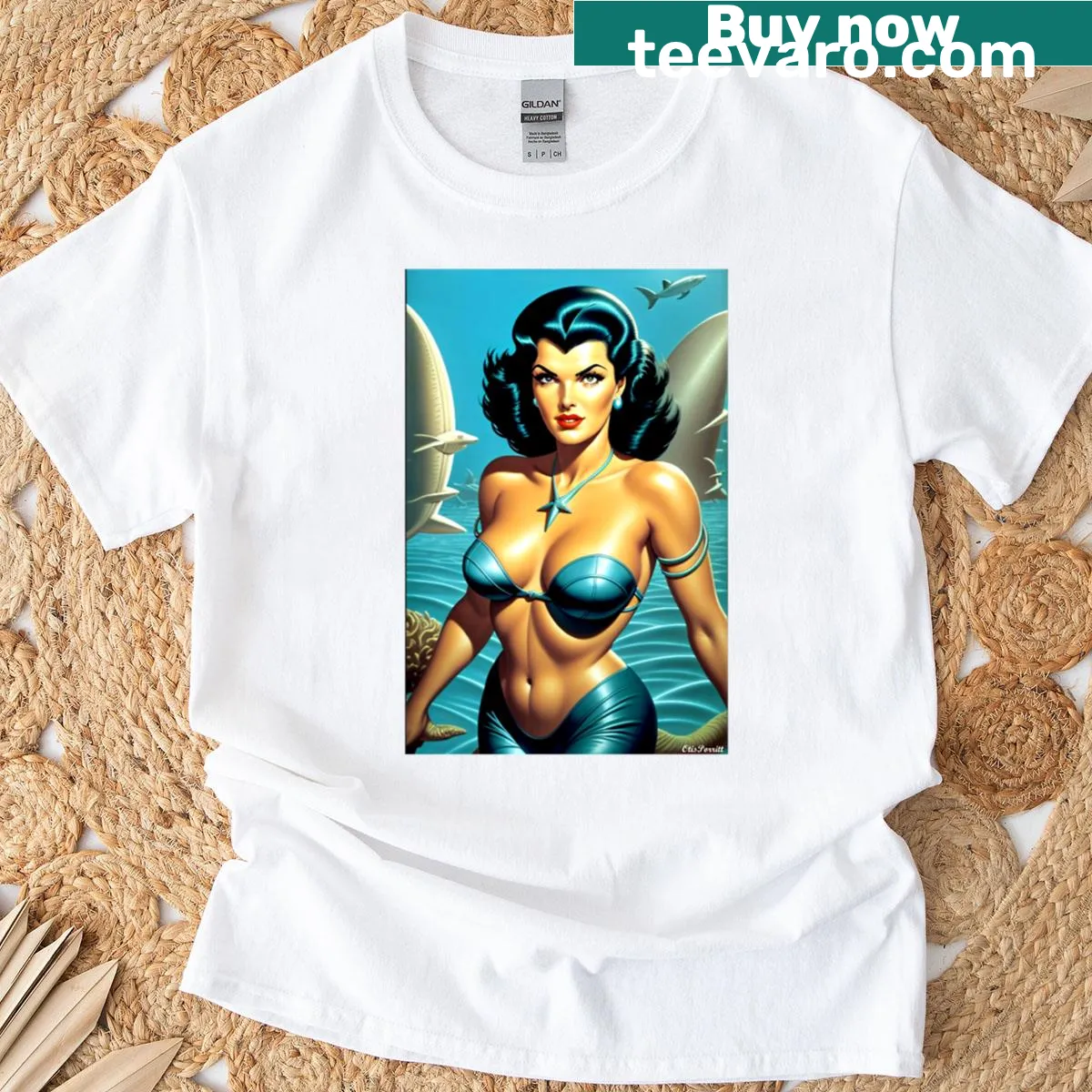 Illustrated t-shirt featuring Queen of Atlantis design. — on a men's t-shirt