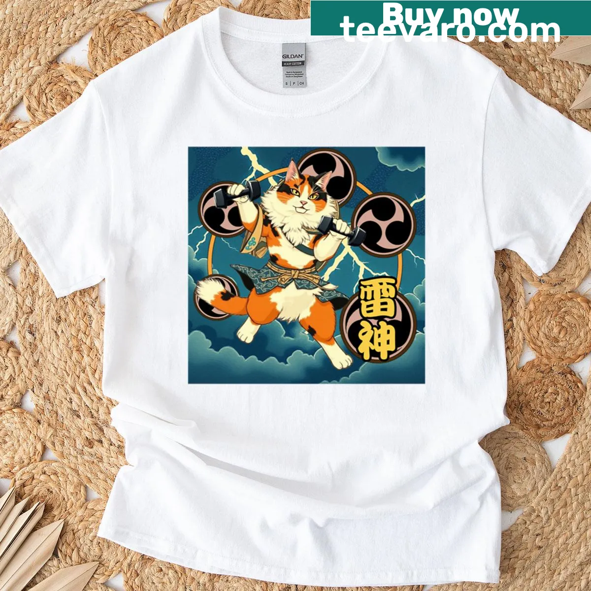 Ukiyo-e style t-shirt featuring Raijin as a cat, the guardian of thunder. — on a men's t-shirt