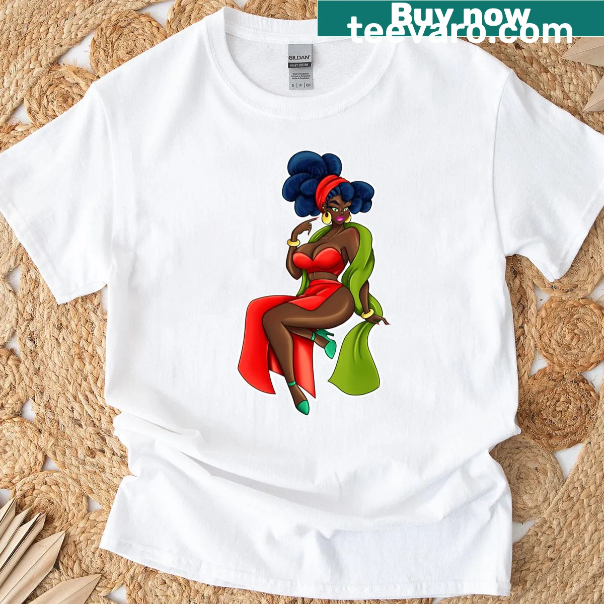 Vintage Red Pin Up t-shirt with playful illustration — on a men's t-shirt