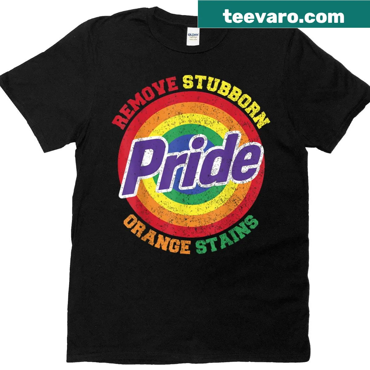Pride Month T-shirt with text about removing stubborn orange stains. — on a men's t-shirt