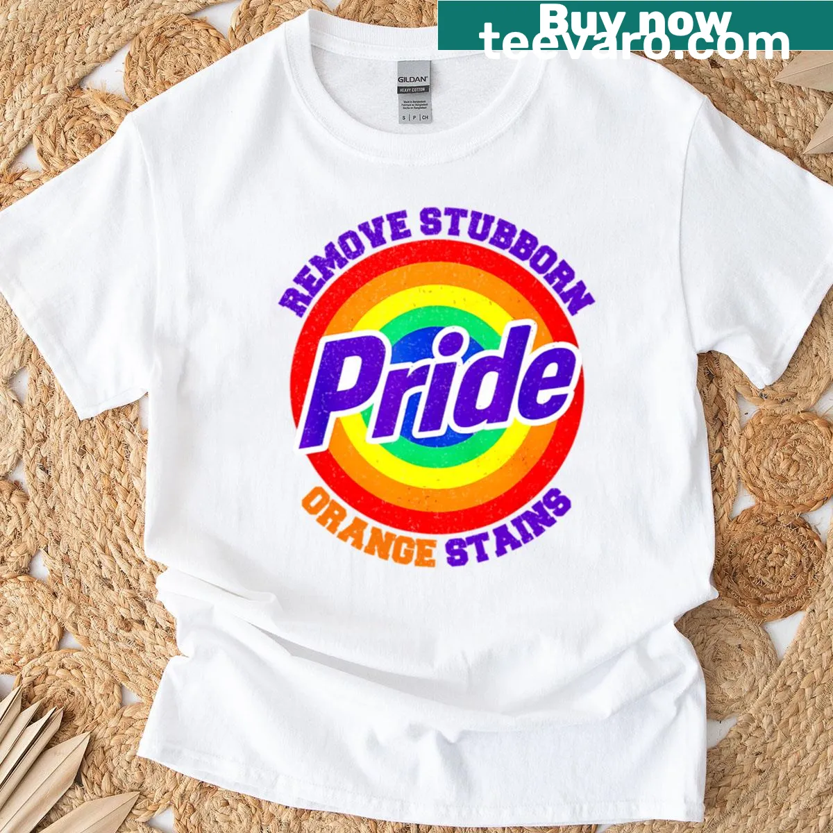 T-shirt with humorous anti-Trump message about orange stains. — on a men's t-shirt
