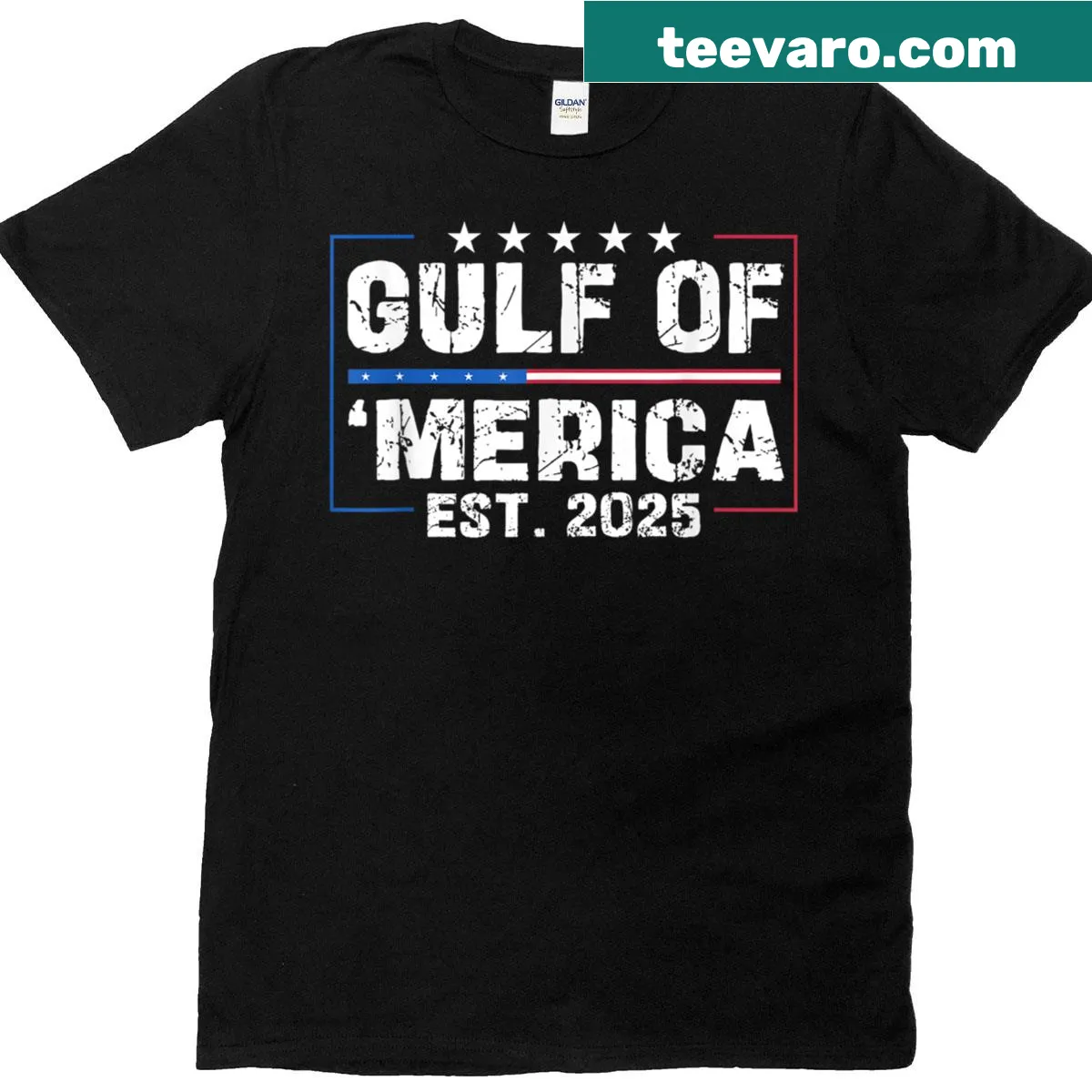 T-shirt with 'Gulf Of USA Merica Est 2025' and an American flag design — on a men's t-shirt