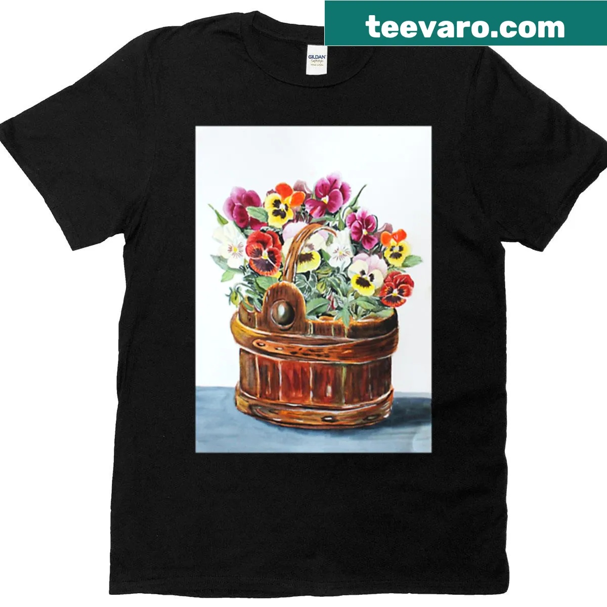 Illustration of a bucket filled with pansies on T-shirt — on a men's t-shirt