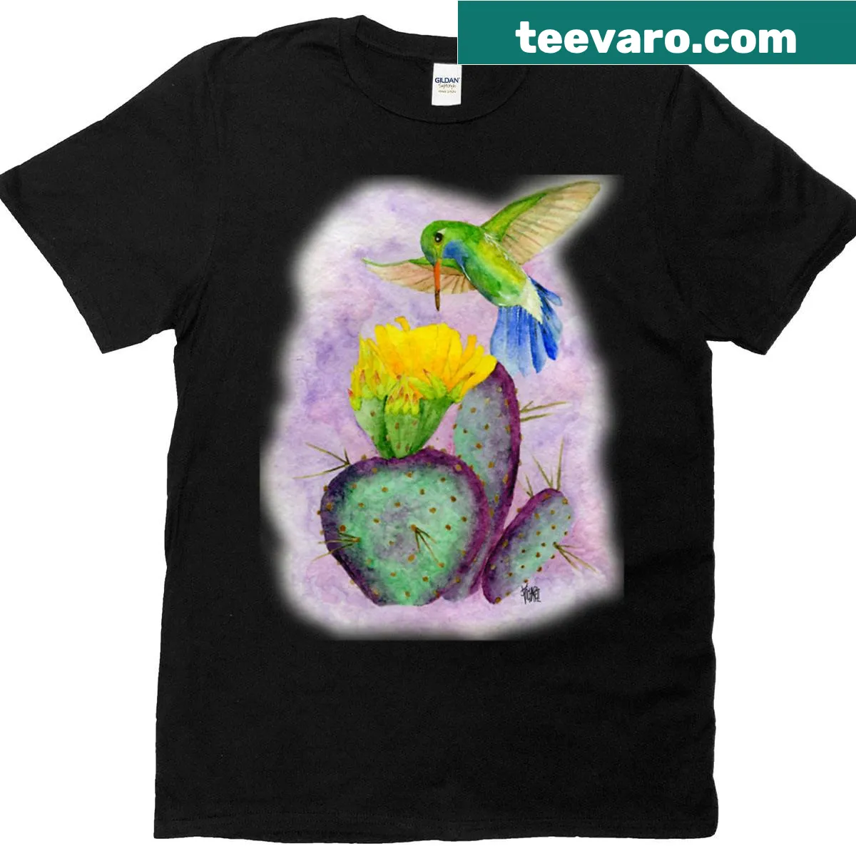 Cactus and hummingbird graphic on T-shirt — on a men's t-shirt