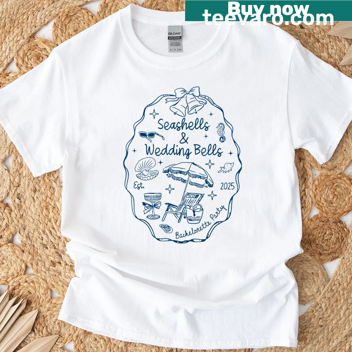 Beach-themed T-shirt with seashells and 'Wedding Bells Est 2025' text — on a men's t-shirt