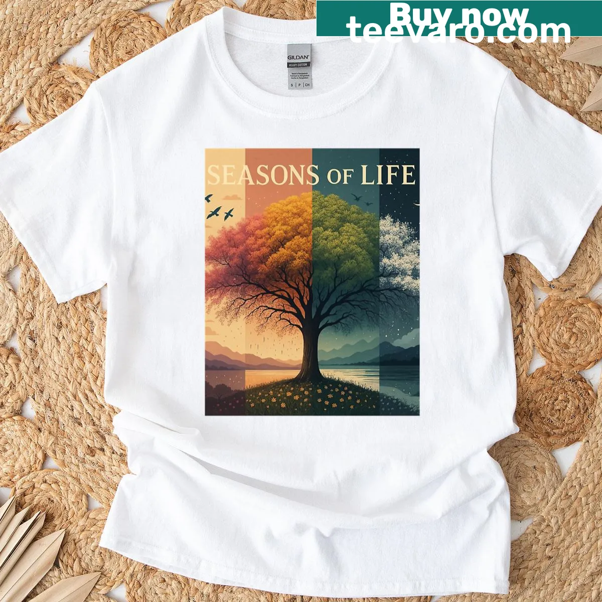 Graphic T-shirt with an illustration of a tree symbolizing life's seasons — on a men's t-shirt