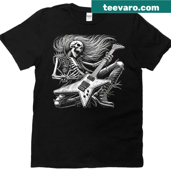Skeleton playing guitar graphic t-shirt for music lovers