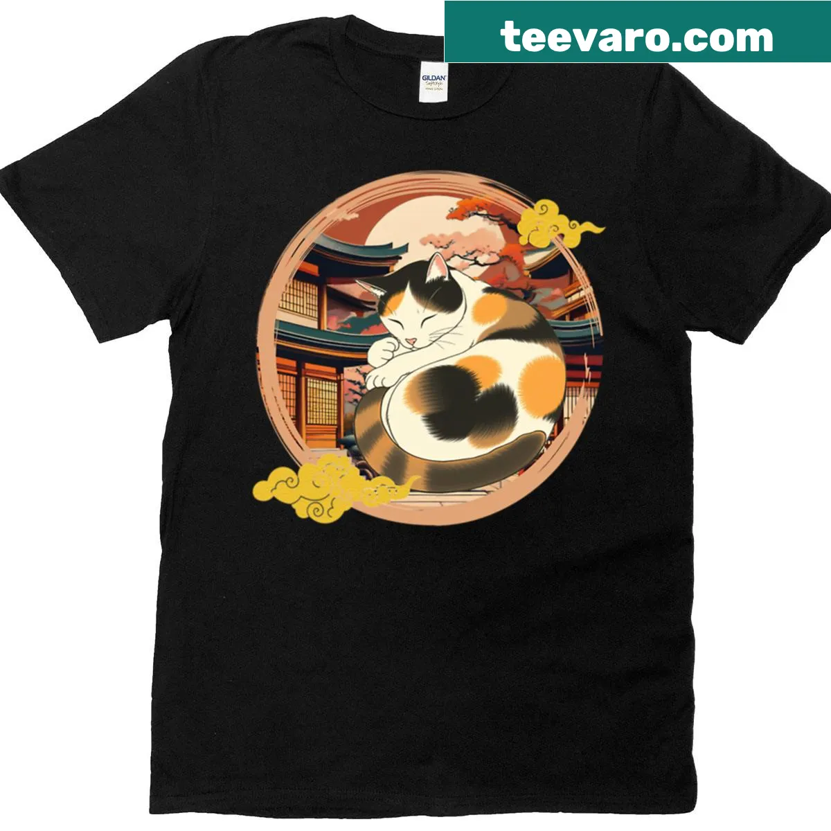 Ukiyo-e style illustration of a sleeping cat on a t-shirt — on a men's t-shirt