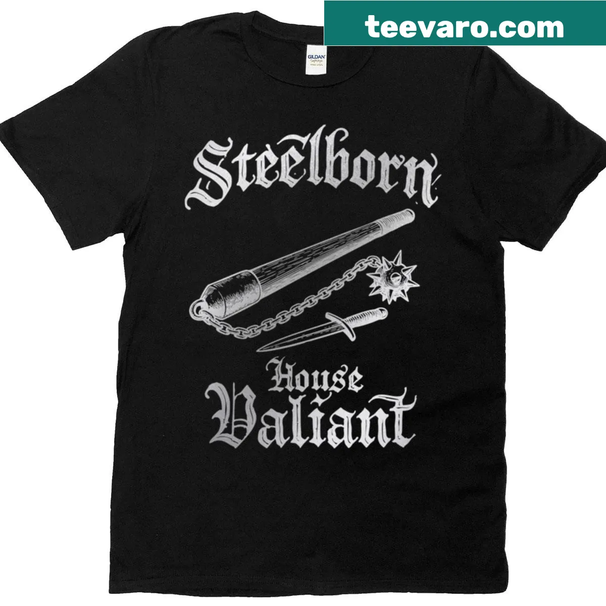 Fantasy-themed Steelborn House Valiant Silver Edition T-shirt with detailed illustration — on a men's t-shirt
