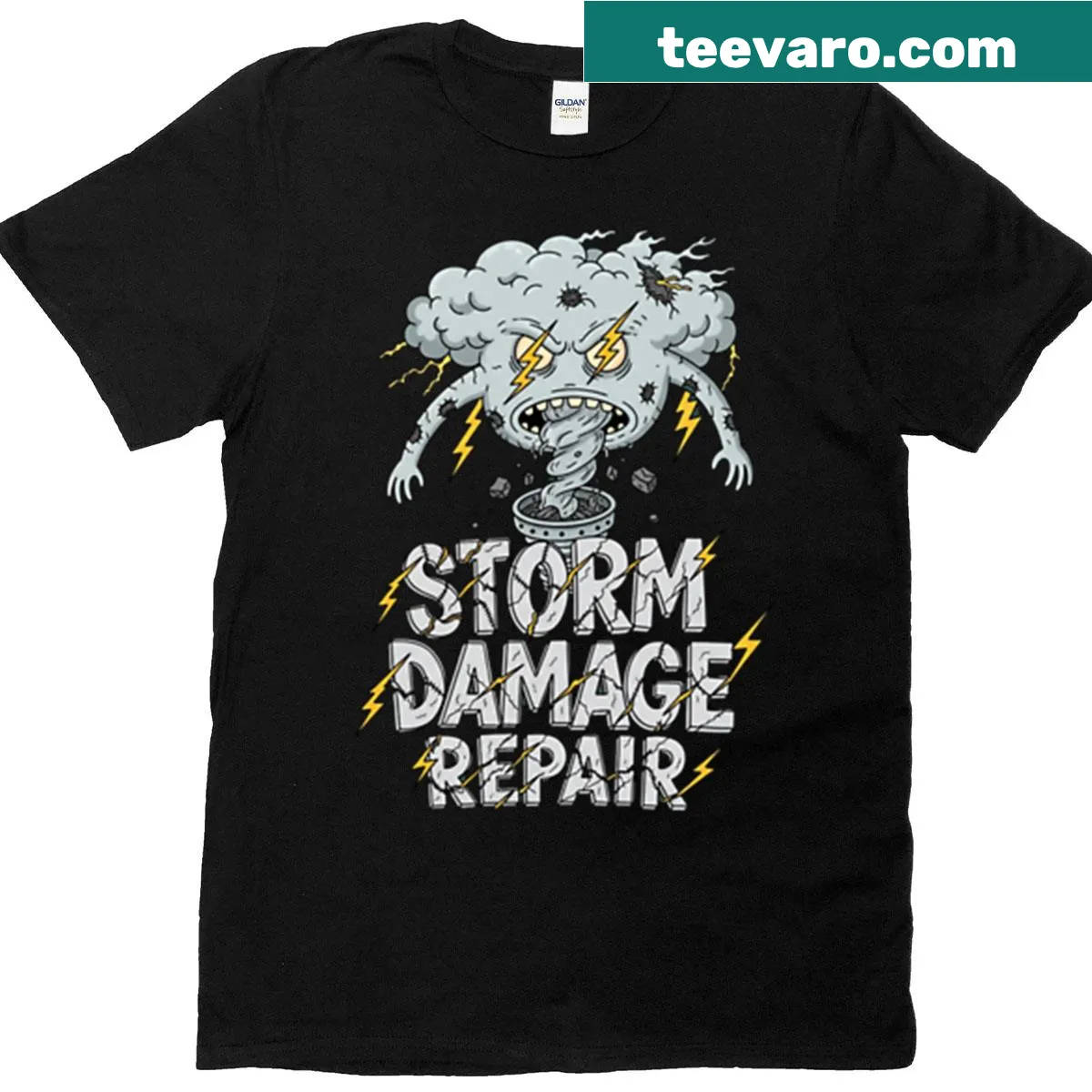 Surreal typography graphic on storm damage repair — on a men's t-shirt
