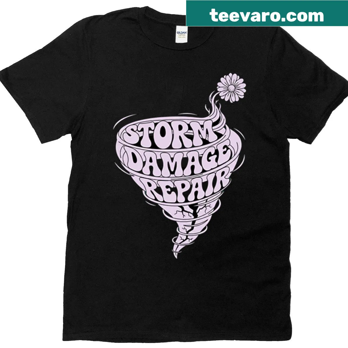 Surreal typography graphic T-shirt by Egyape focused on storm damage repair. — on a men's t-shirt