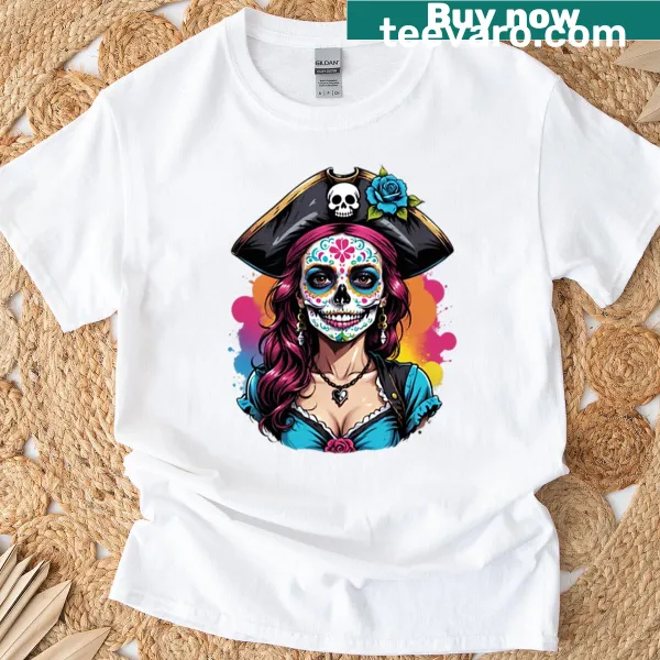 Sugar skull pirate graphic t-shirt with playful design