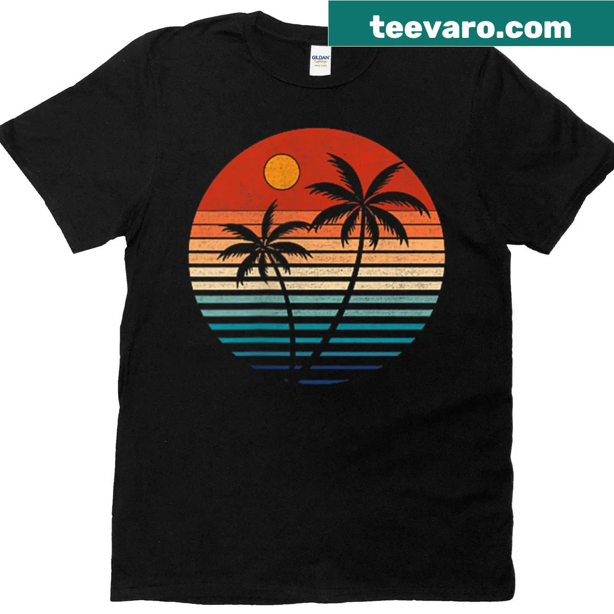 Retro sunset beach scene with palm trees on a t-shirt — on a men's t-shirt