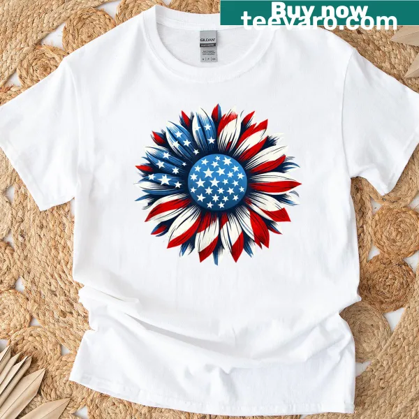 Sunflower American flag graphic on a festive T-shirt