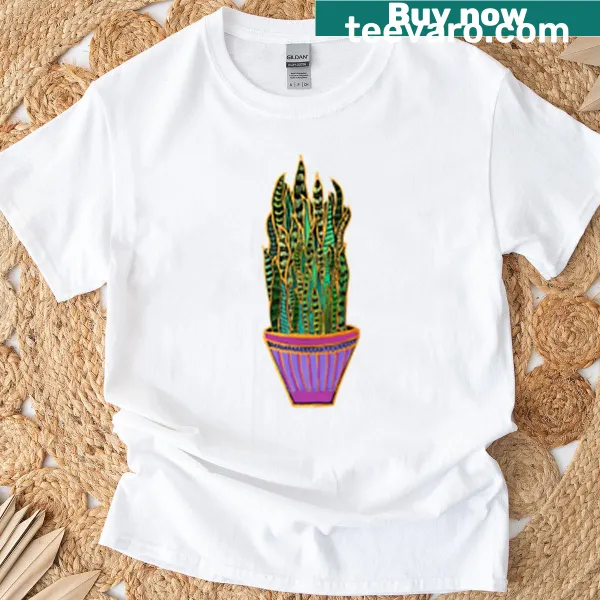Illustration of a tall snake plant in a planter on an oversized T-shirt