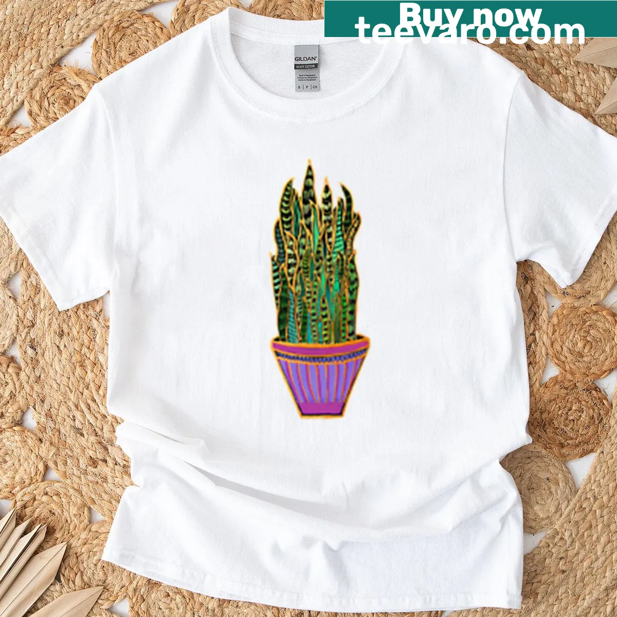 Illustration of a tall snake plant in a planter on an oversized T-shirt — on a men's t-shirt