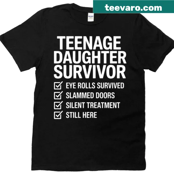 Badge-style t-shirt humorously celebrating dads of teenage daughters