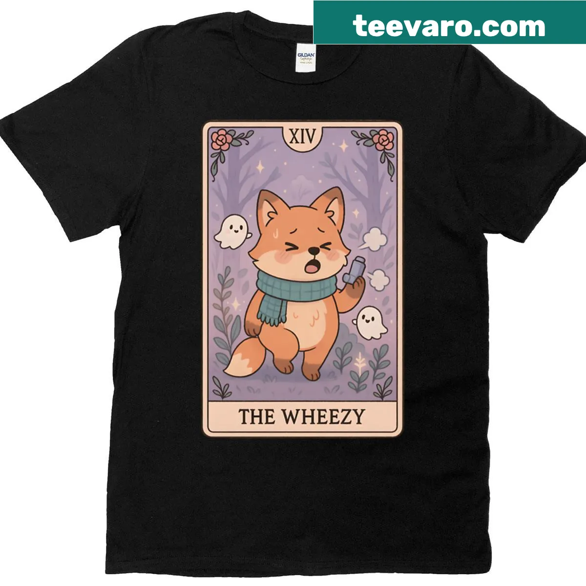Cute fox with inhaler and ghosts on a T-shirt — on a men's t-shirt
