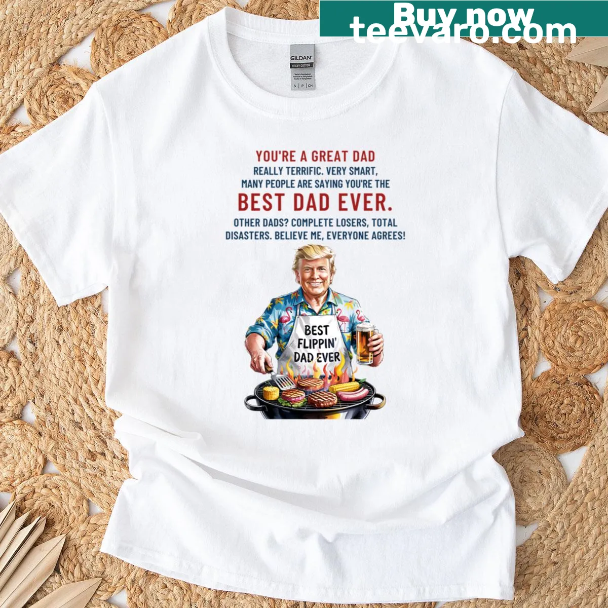 Illustrative BBQ-themed T-shirt celebrating dads — on a men's t-shirt