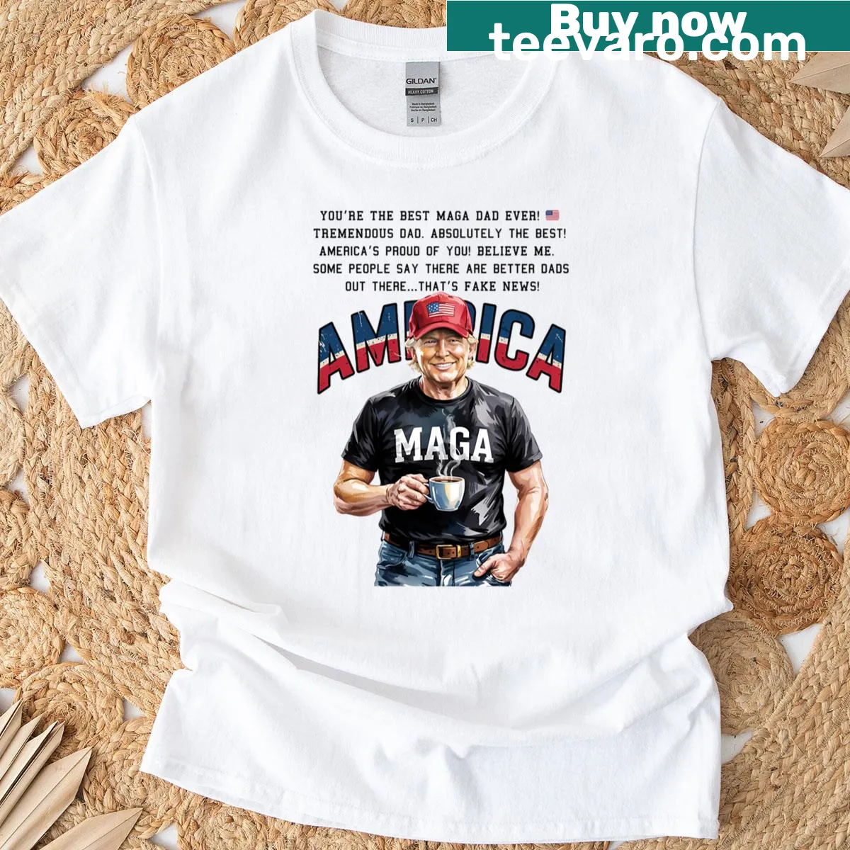 Oversized MAGA-themed t-shirt for dads with a humorous slogan — on a men's t-shirt