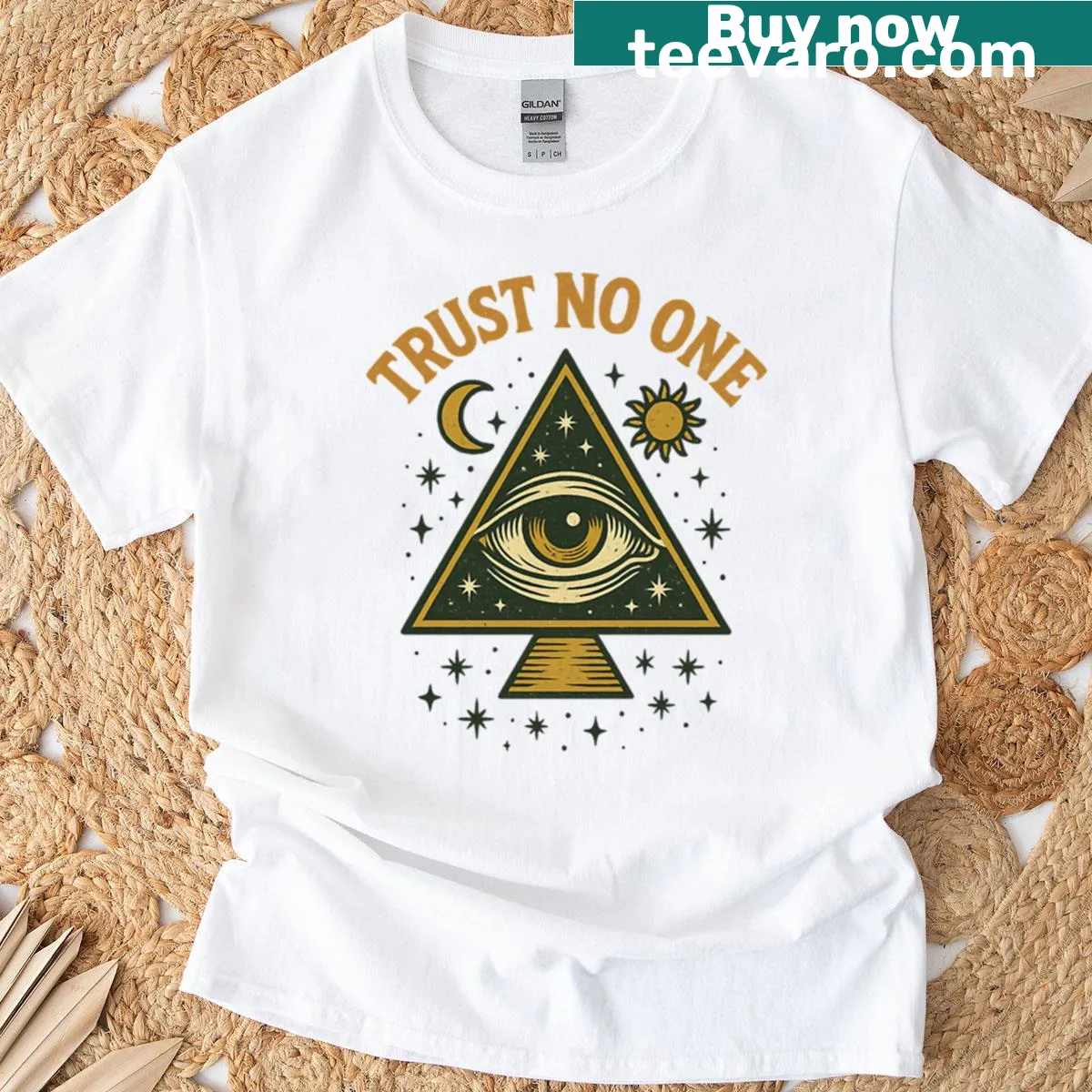 Bold 'Trust No One' graphic on a t-shirt — on a men's t-shirt
