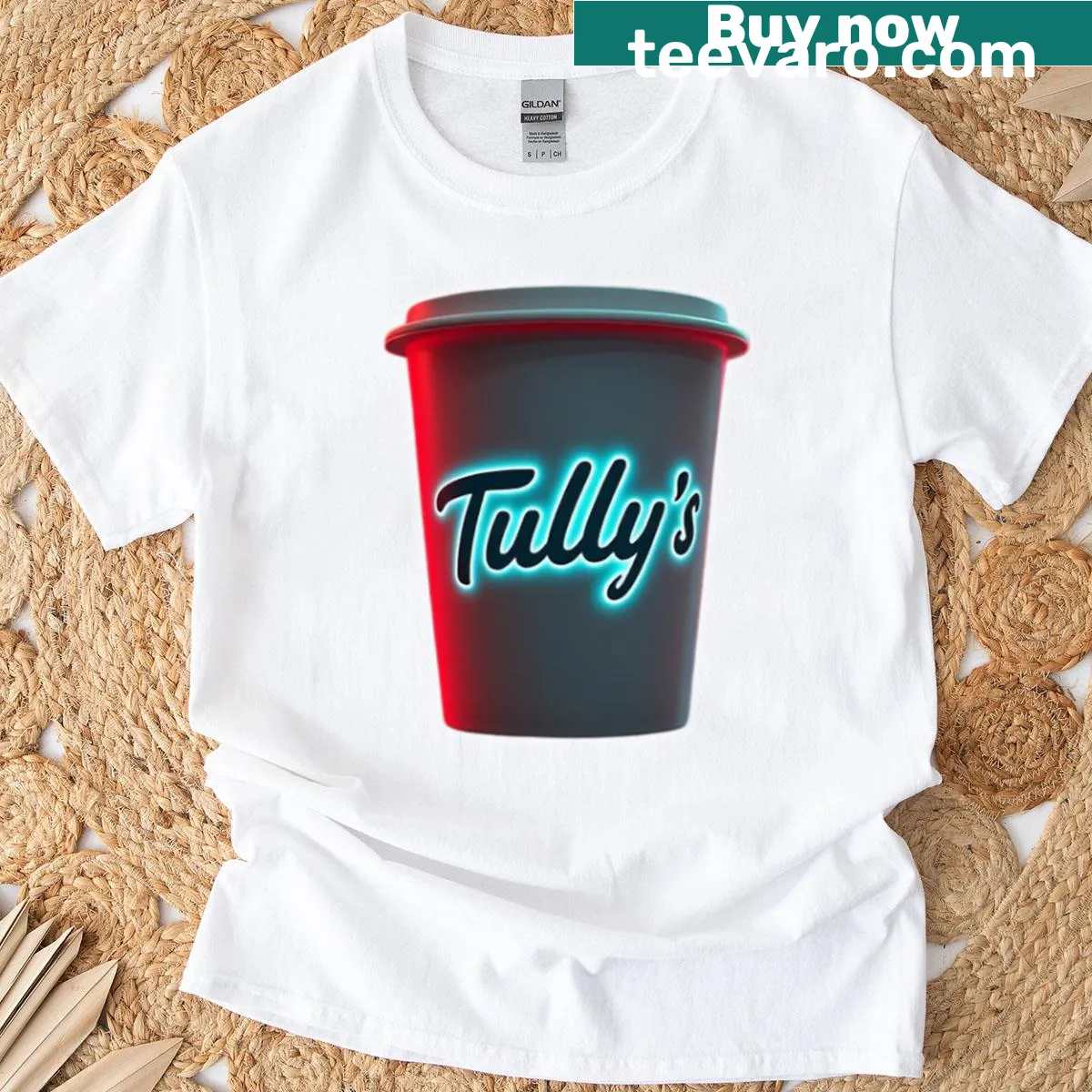 Oversized T-shirt featuring a 3D coffee cup with neon highlights — on a men's t-shirt
