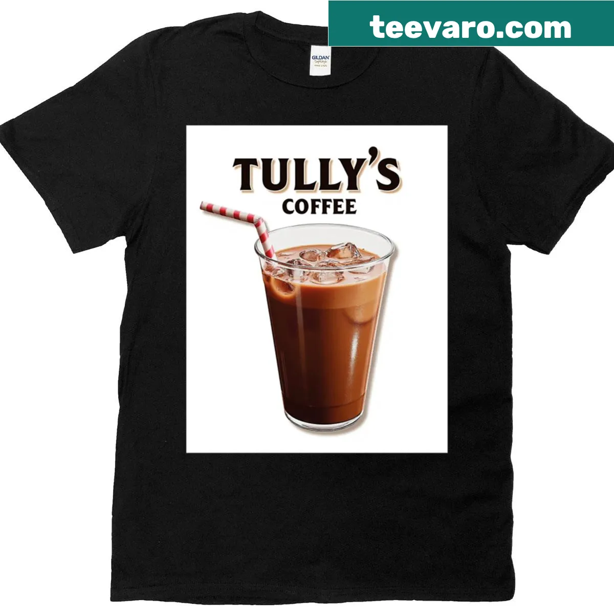 Illustrated T-shirt featuring a playful iced coffee graphic — on a men's t-shirt