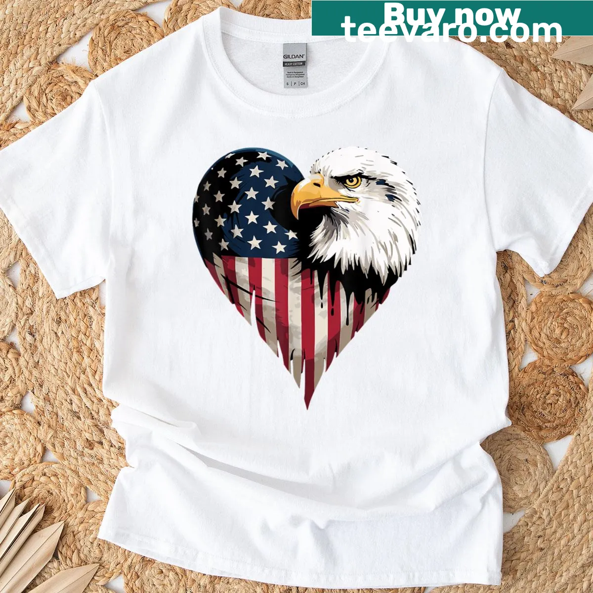 Patriotic t-shirt featuring American flag and bald eagle design — on a men's t-shirt