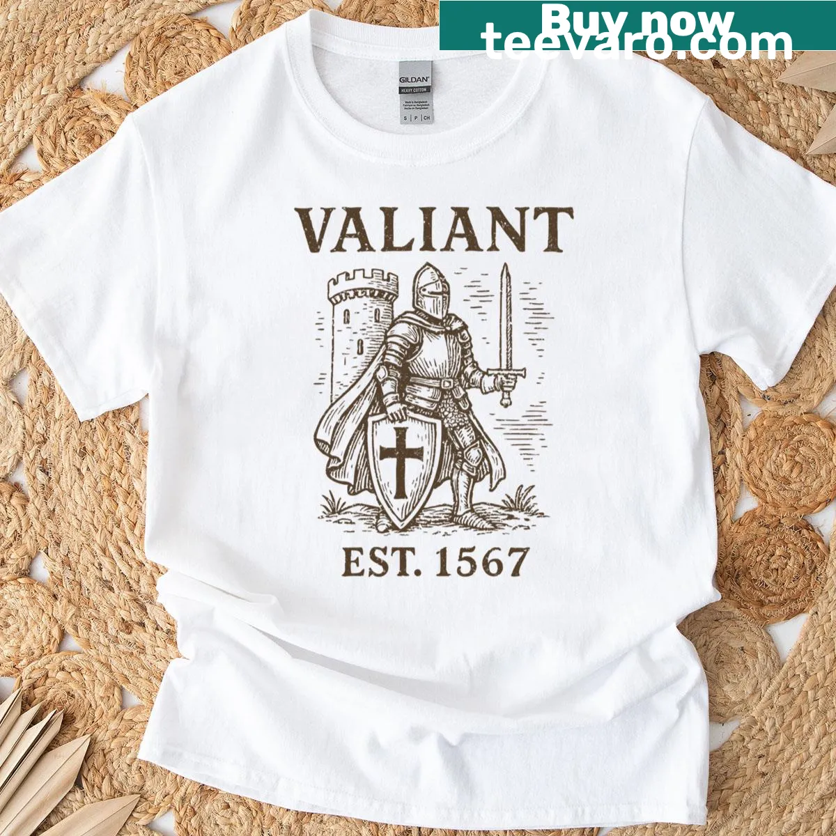 T-shirt featuring a knight with a cross shield from 1567 — on a men's t-shirt