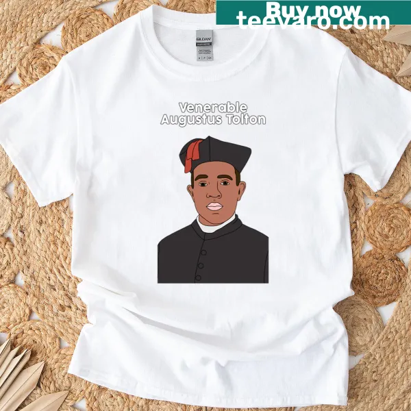 Vintage-style shirt honoring Augustus Tolton, featuring classic typography and intricate details.