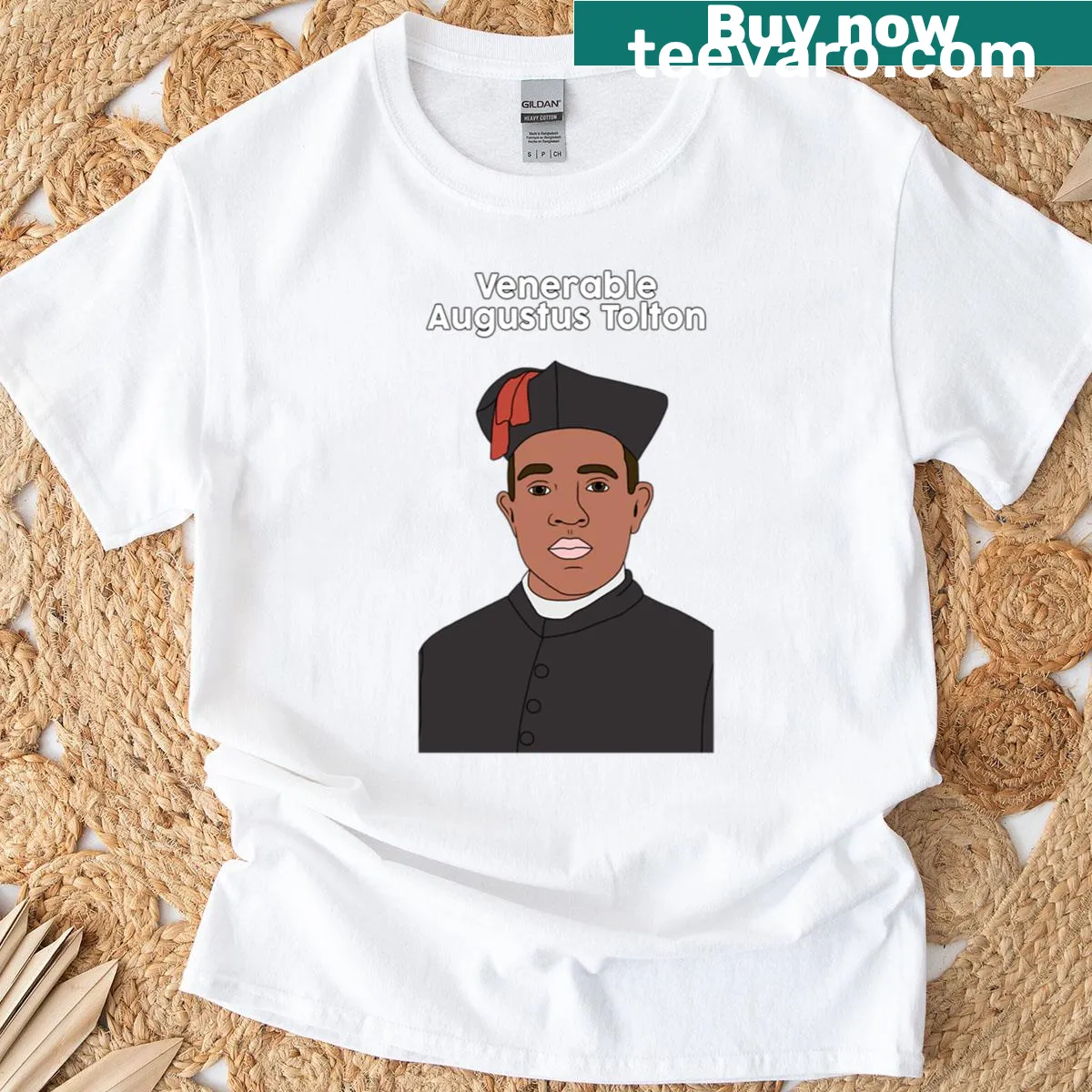 Vintage-style shirt honoring Augustus Tolton, featuring classic typography and intricate details. — on a men's t-shirt