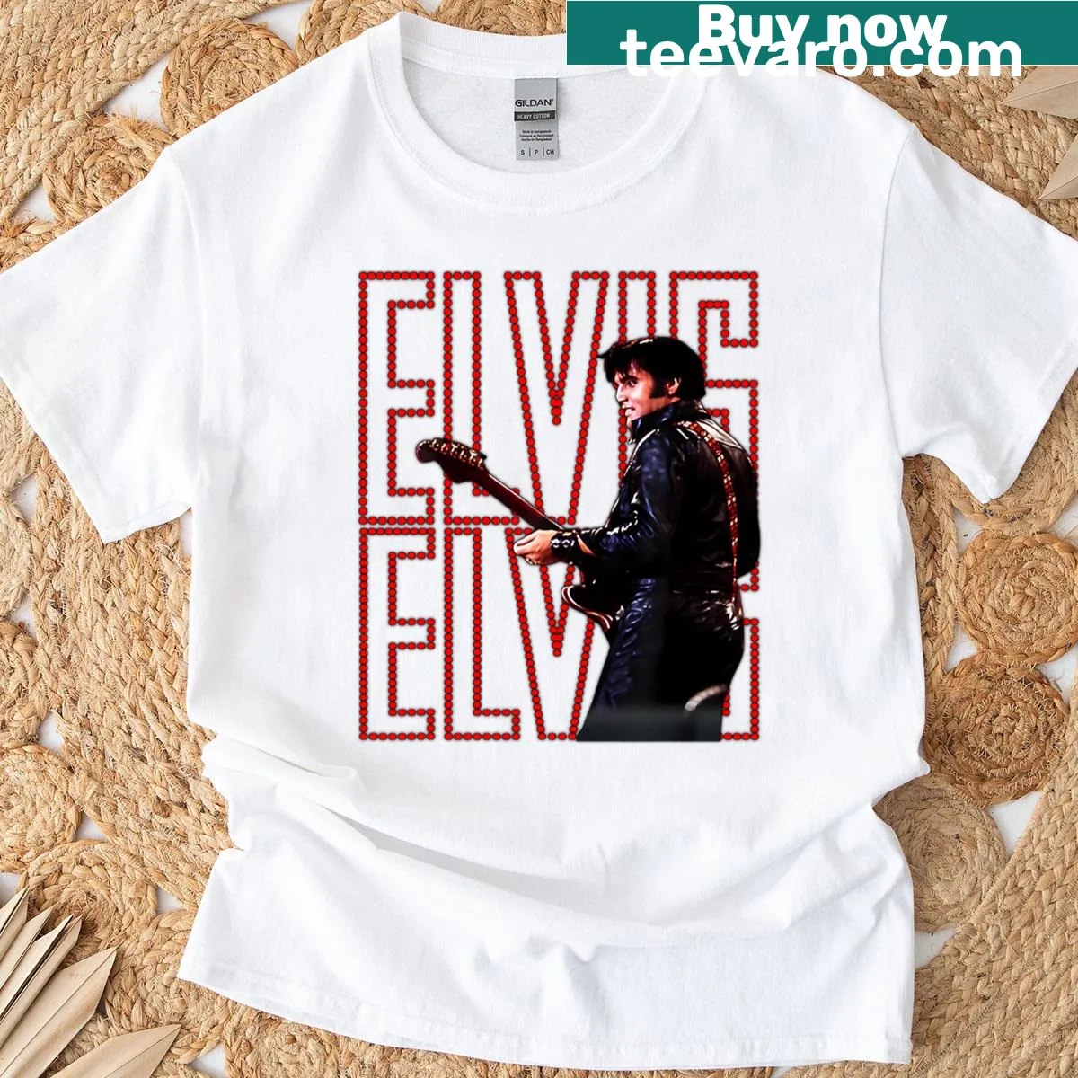 Vintage Elvis Presley graphic t-shirt celebrating classic rock — on a men's t-shirt