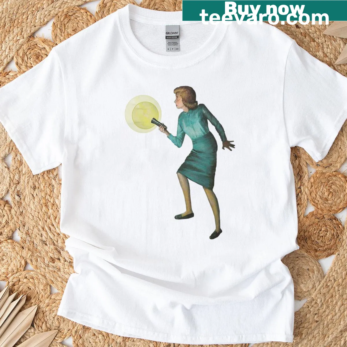 Vintage t-shirt featuring Nancy Drew book cover with flashlight — on a men's t-shirt