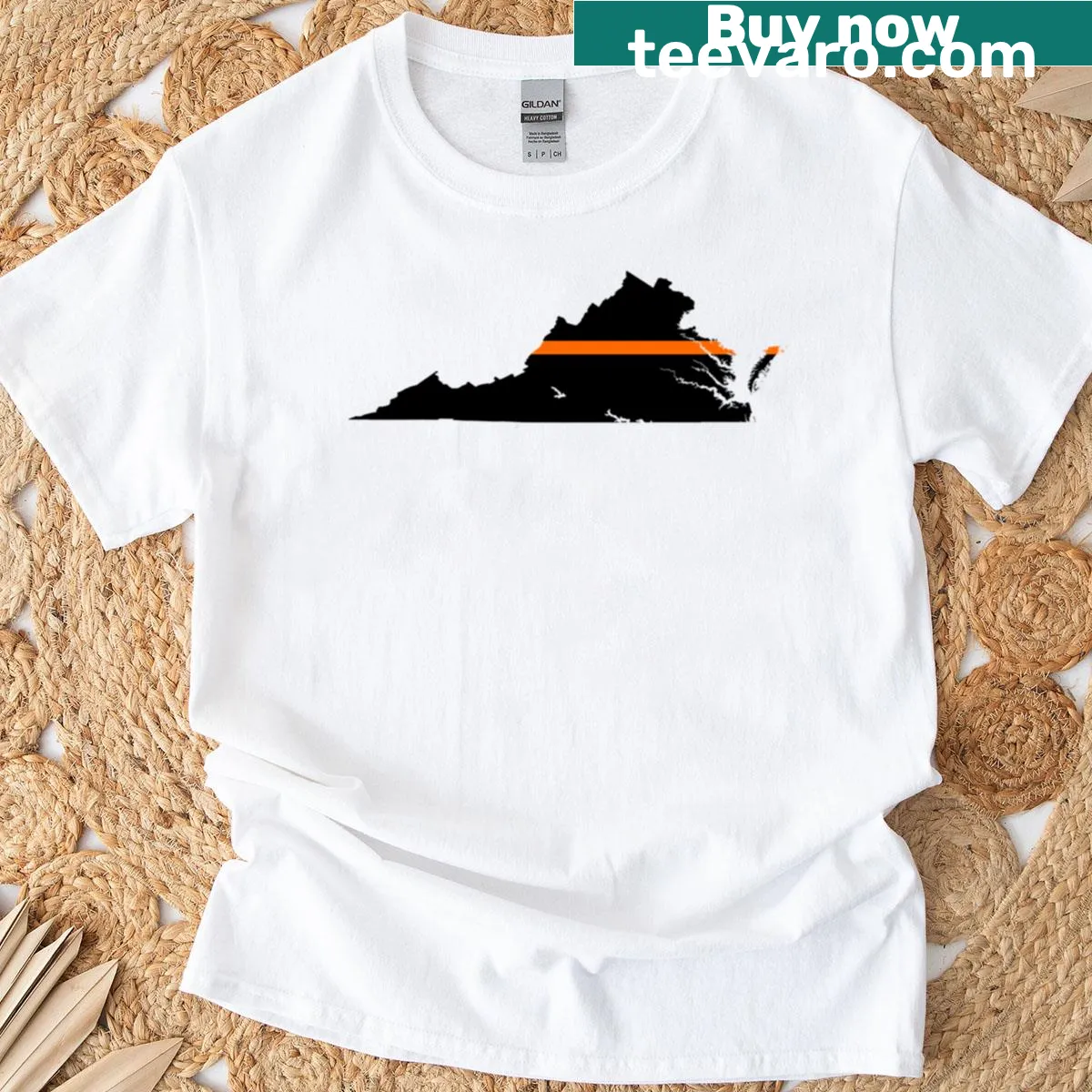 Vintage-style T-shirt with thin orange line graphic, representing support for Virginia firefighters. — on a men's t-shirt