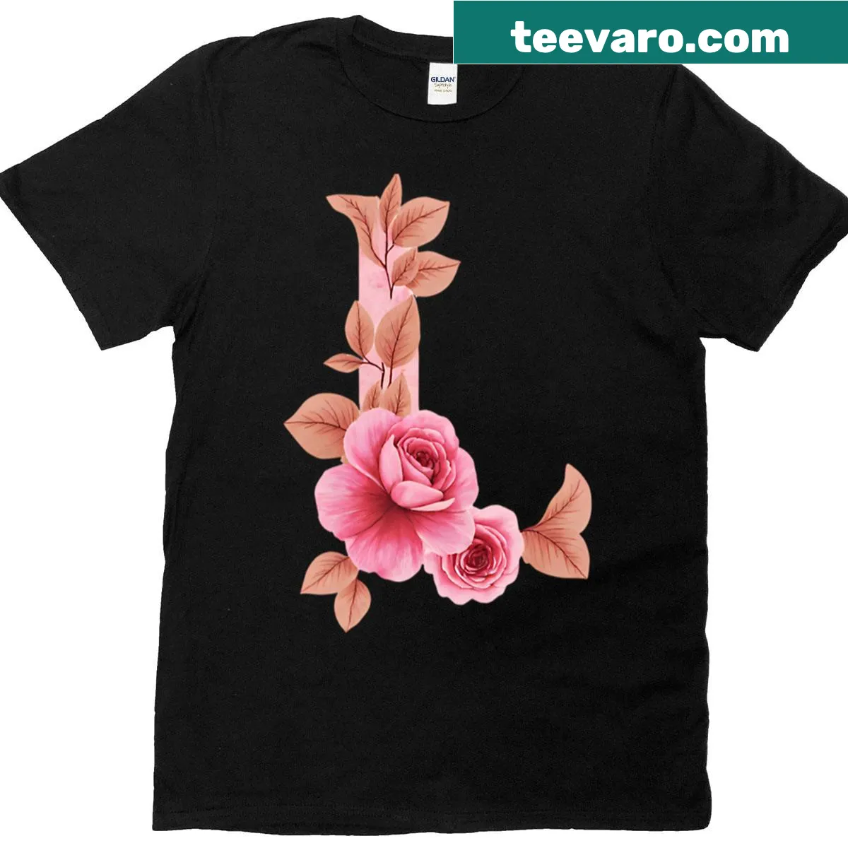 Floral letter L adorned with watercolor pink roses on t-shirt — on a men's t-shirt