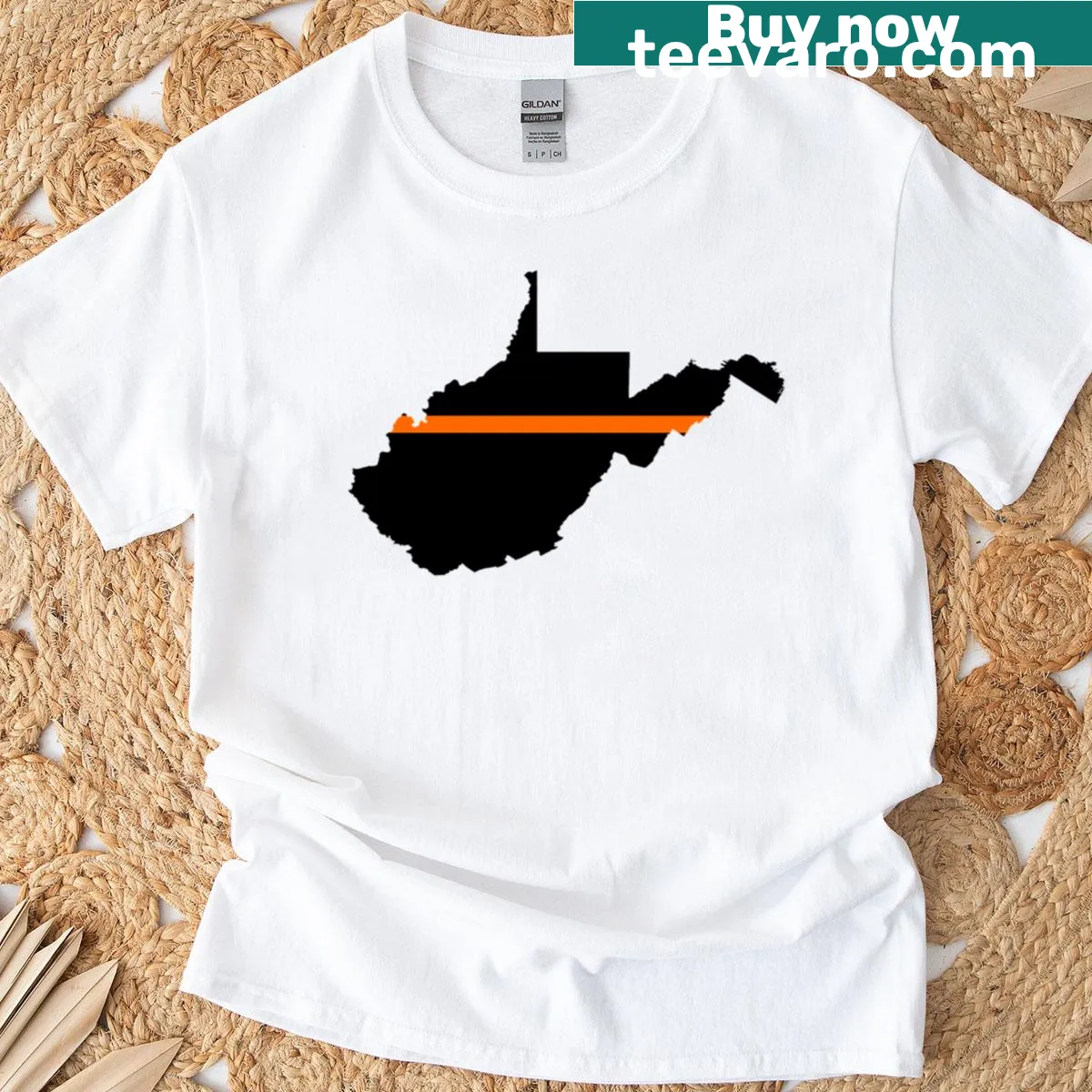 T-shirt featuring the thin orange line symbol for West Virginia's emergency responders — on a men's t-shirt