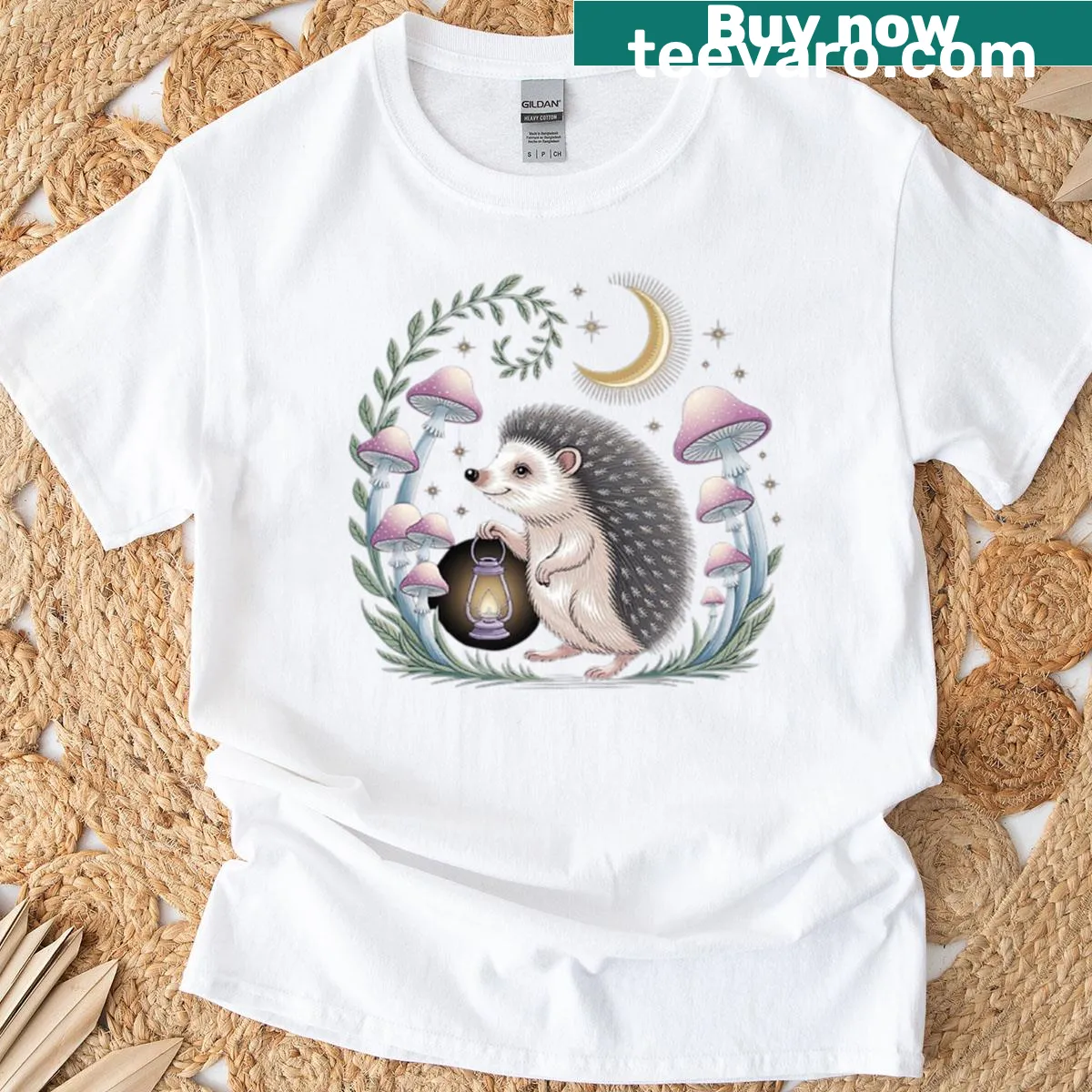 Whimsical hedgehog graphic t-shirt with magical forest design — on a men's t-shirt
