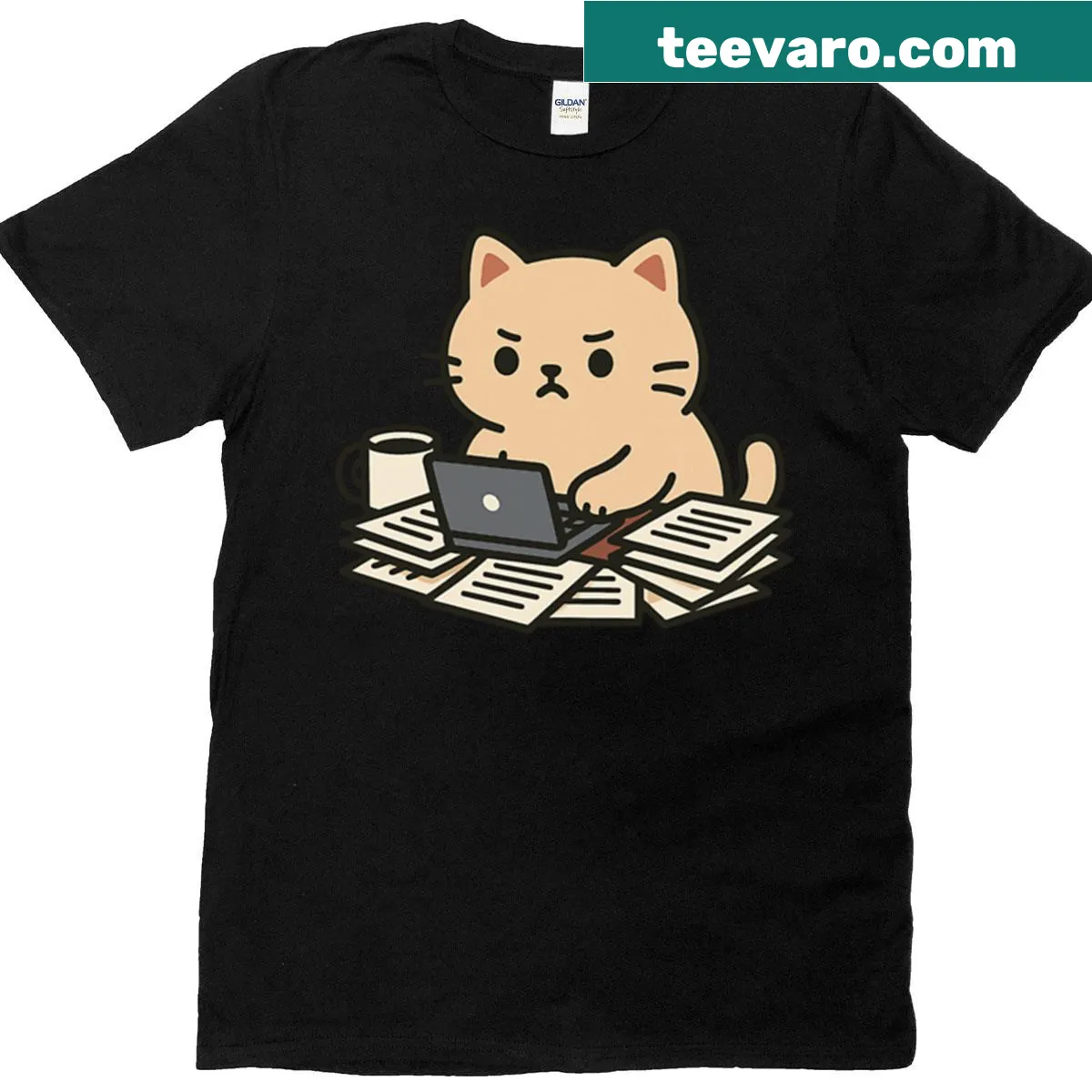 Kawaii cat typing on a keyboard, oversized workaholic T-shirt — on a men's t-shirt