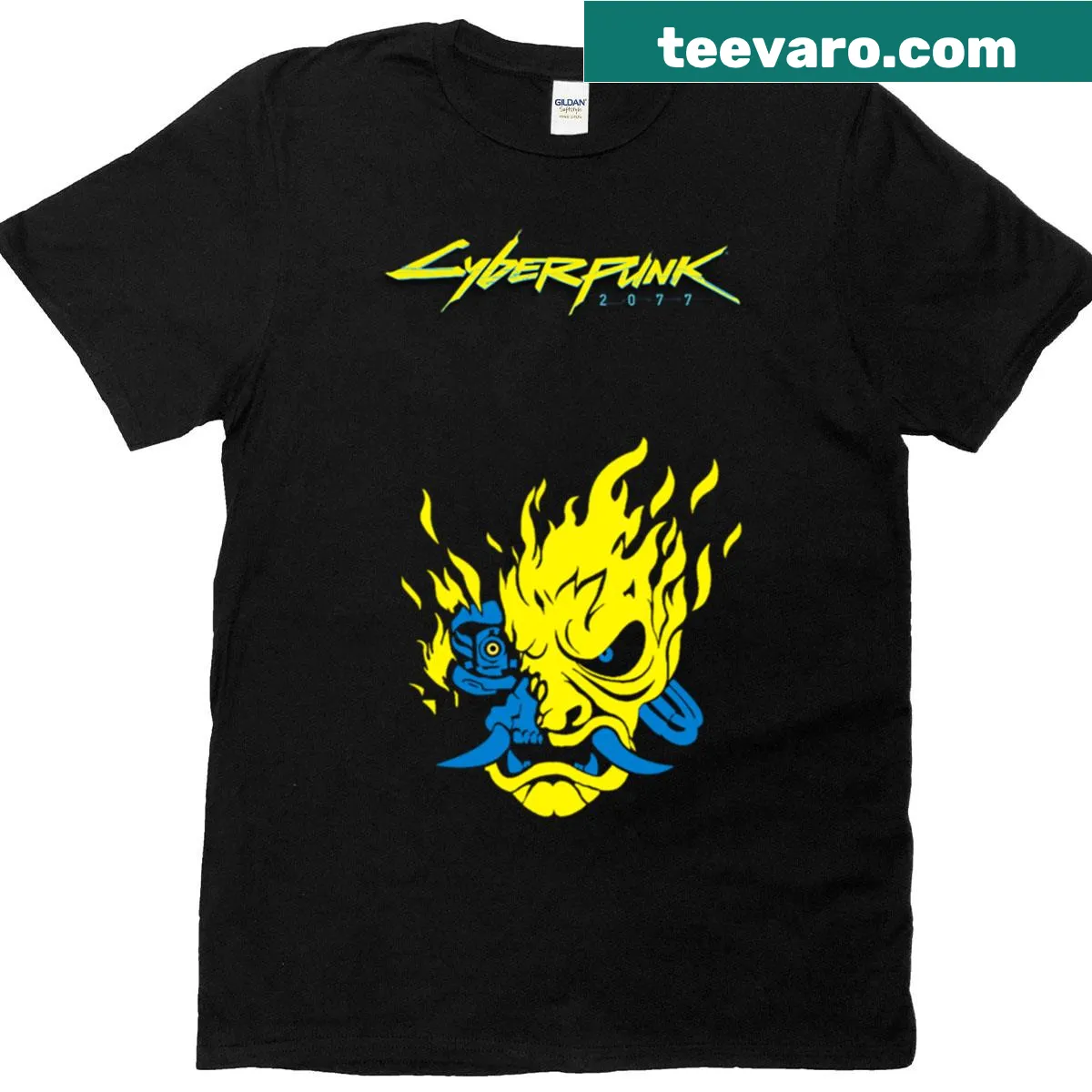 Cyberpunk 2077 t-shirt with a yellow and blue samurai symbol — on a men's t-shirt