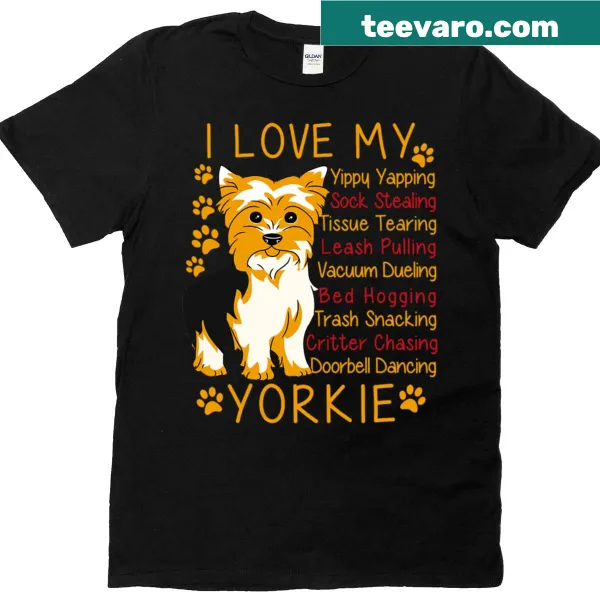 T-shirt featuring the phrase 'I Love My Yorkie' with Yorkie illustrations