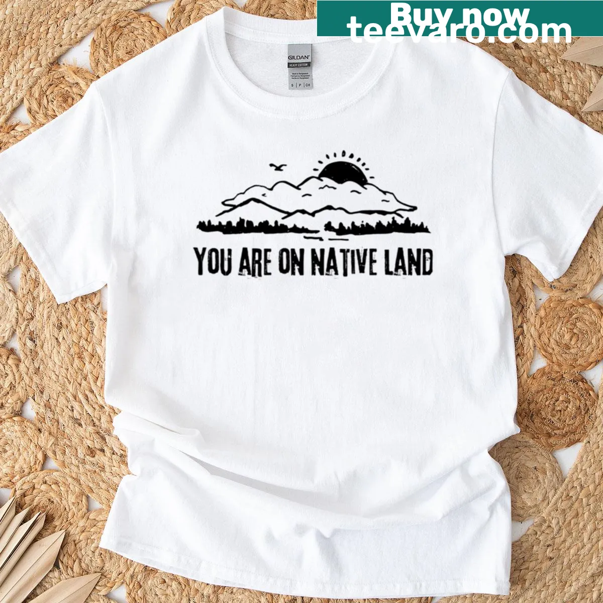 You Are On Native Land graphic t-shirt with landscape design — on a men's t-shirt