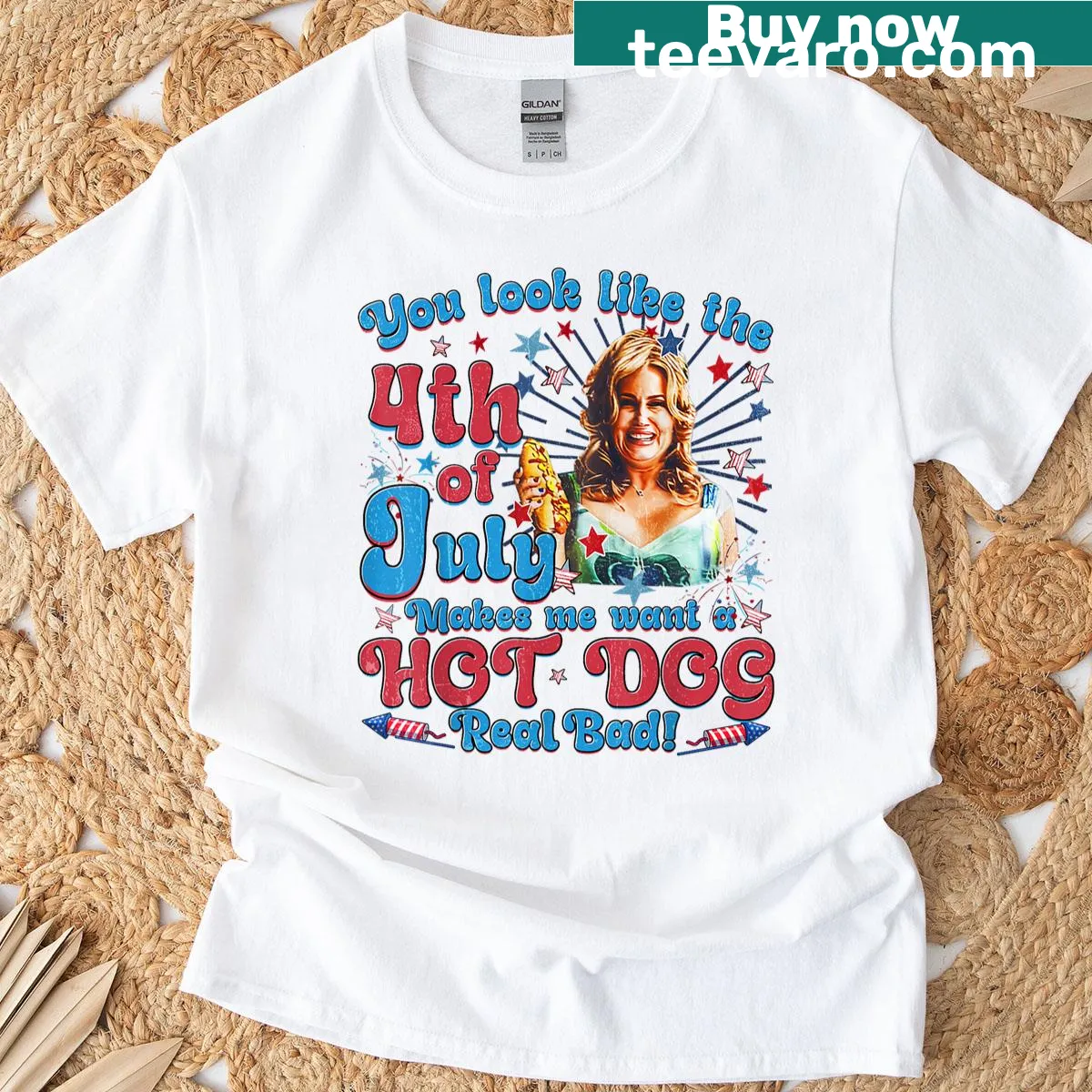 Funny 4th of July hot dog shirt with playful text — on a men's t-shirt