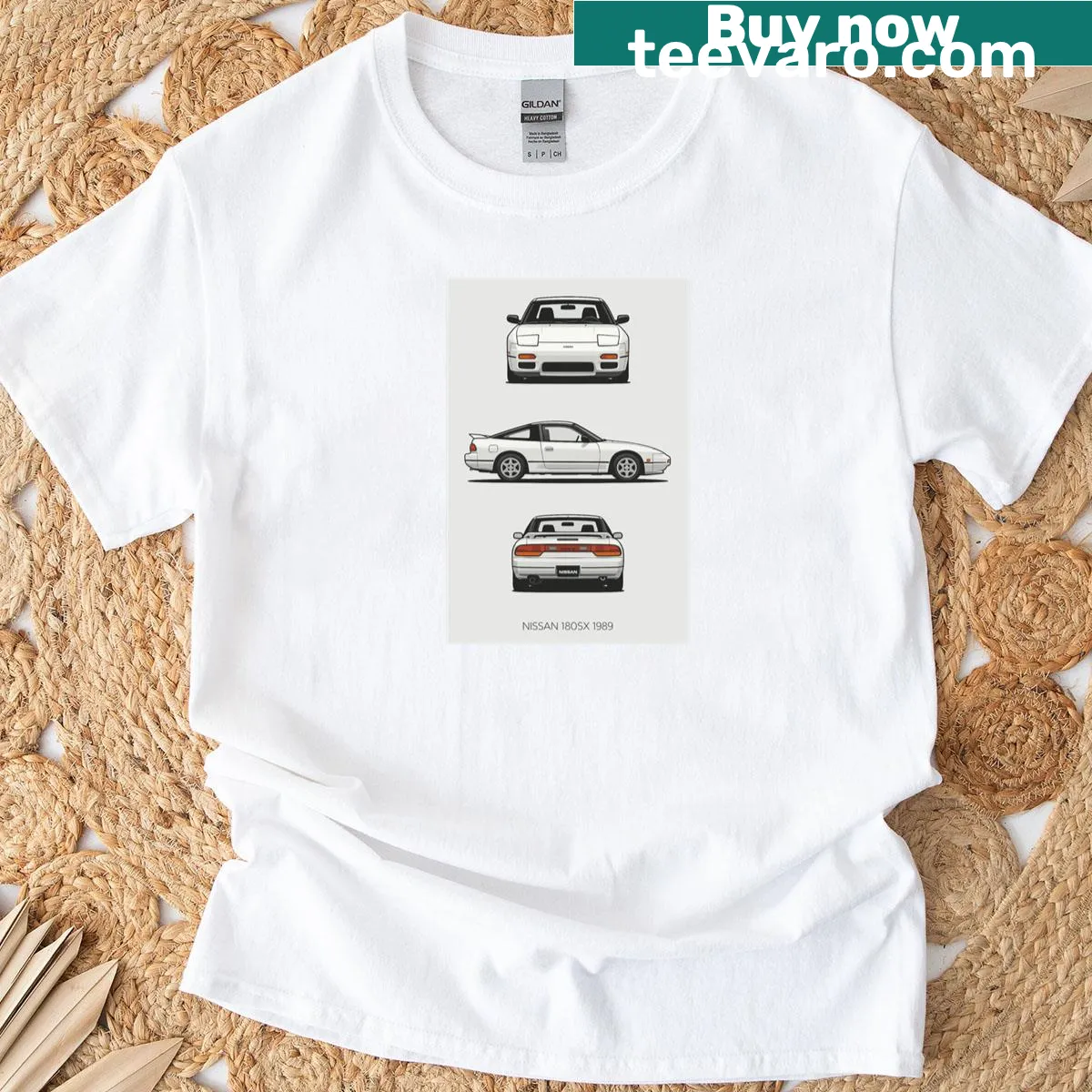 Minimalist blueprint illustration of a 1989 Nissan 180sx — on a men's t-shirt