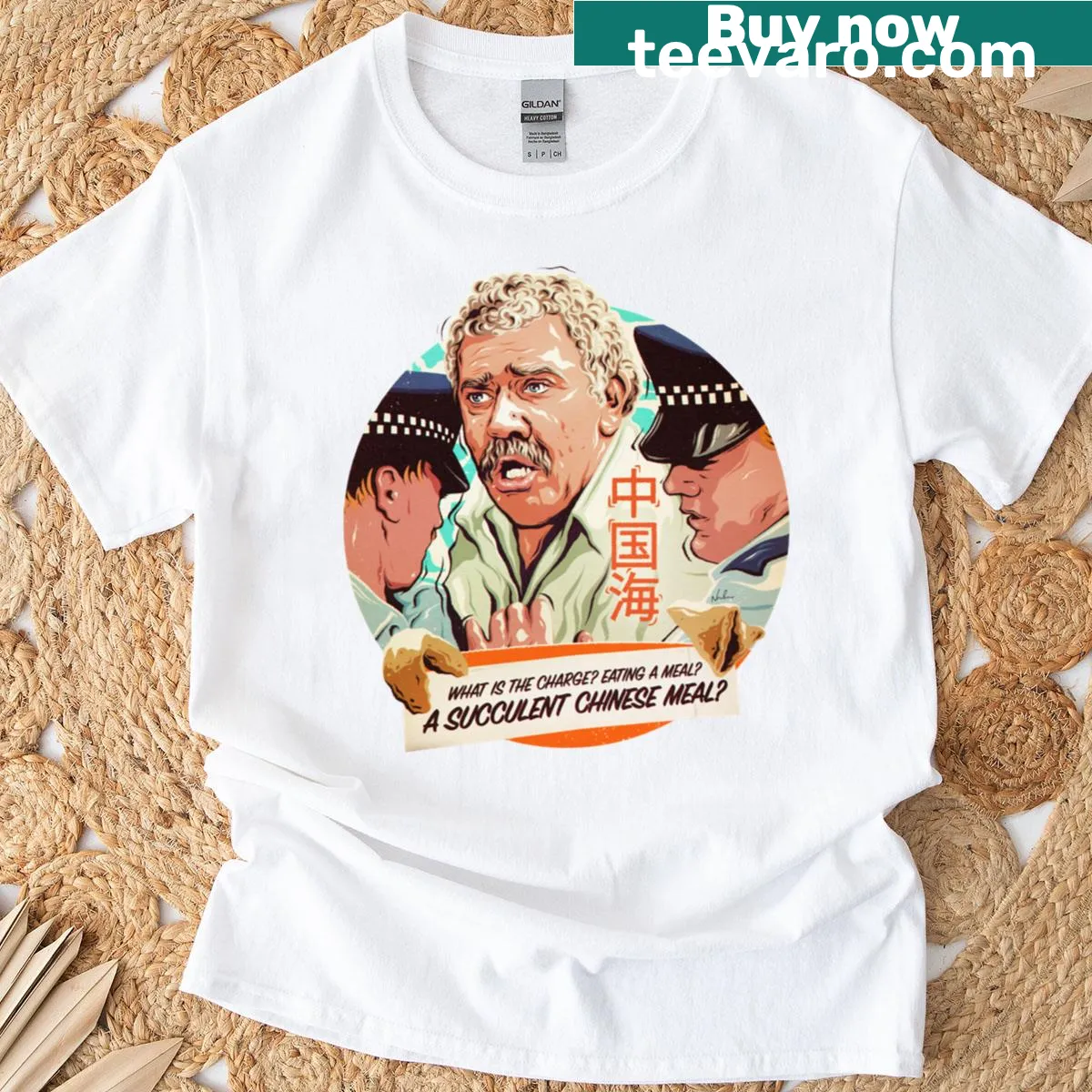 T-shirt with a fun graphic of a succulent Chinese meal. — on a men's t-shirt