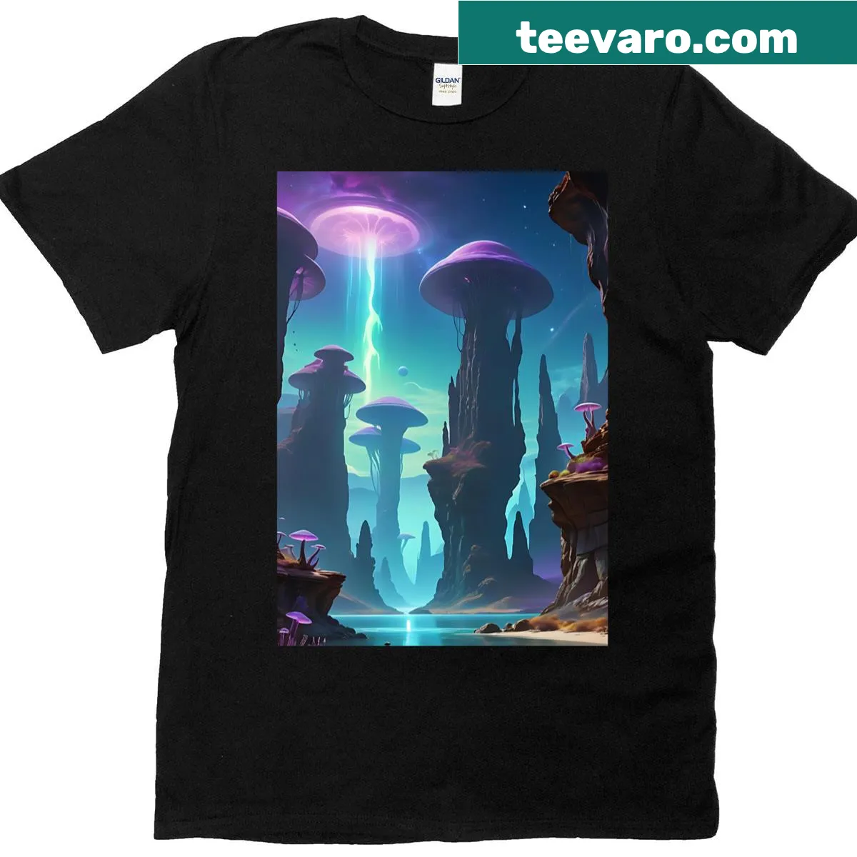 Illustrated T-shirt with alien landscapes and rock formations — on a men's t-shirt