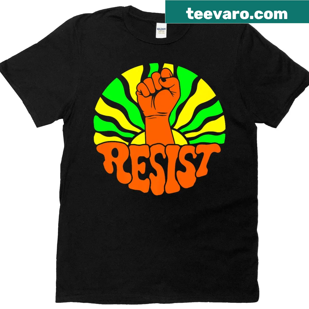 Sunset design t-shirt with 'Resist' text for activists — on a men's t-shirt