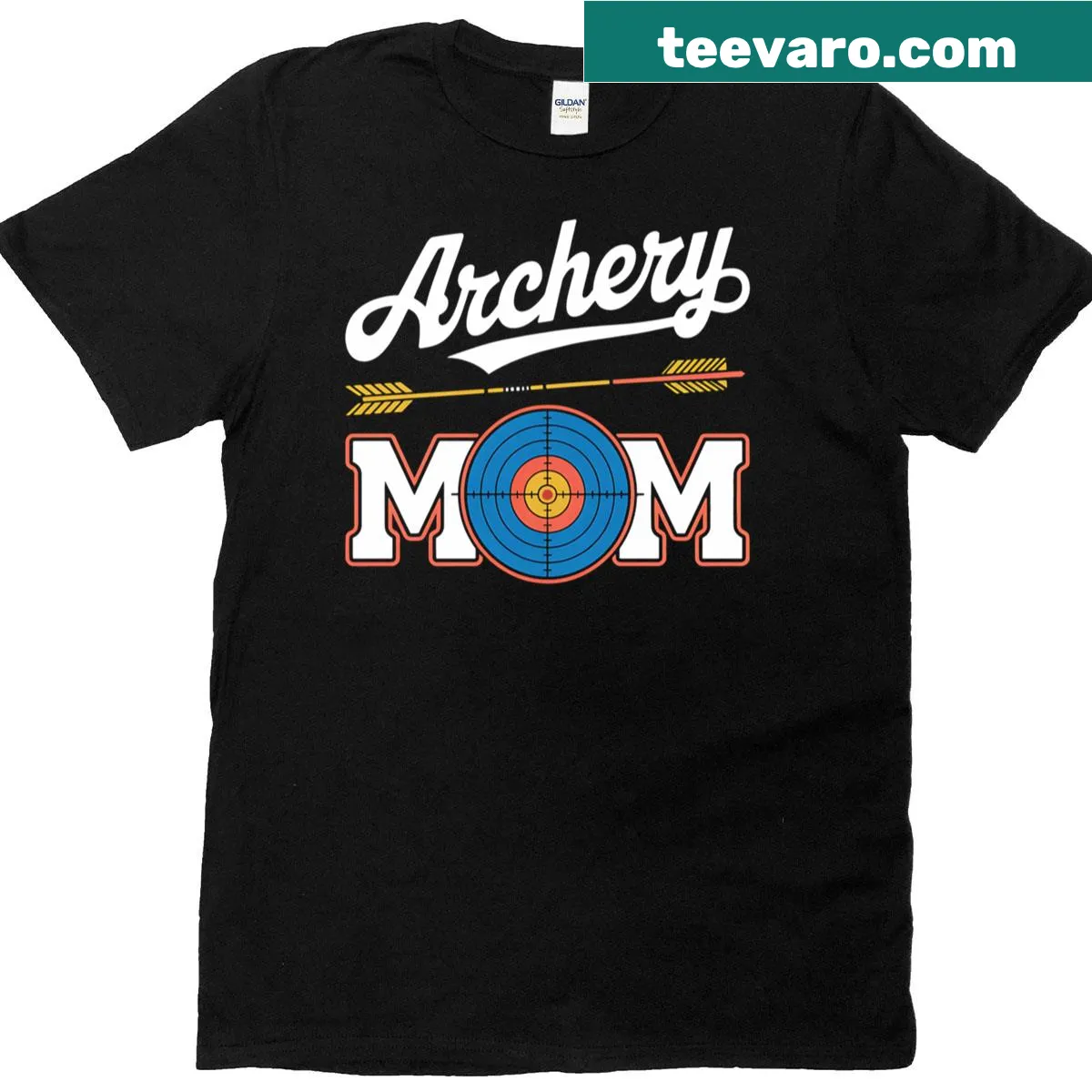 Stylish t-shirt for archery moms featuring a target, bow, and arrow — on a men's t-shirt