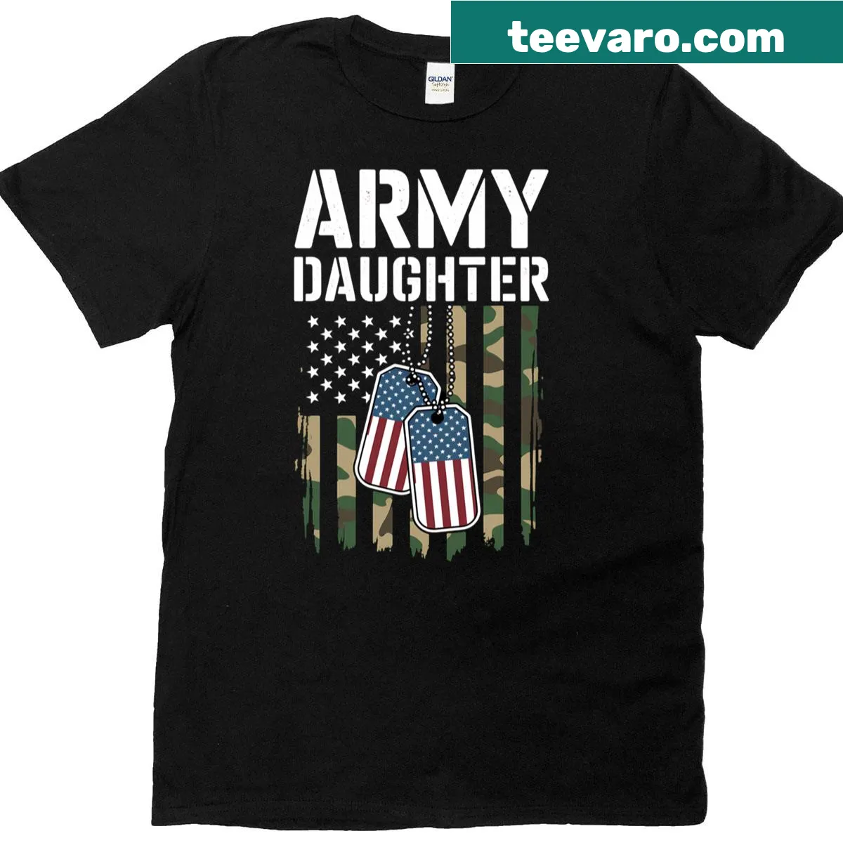 T-shirt featuring an American flag and camo design celebrating Army daughters — on a men's t-shirt