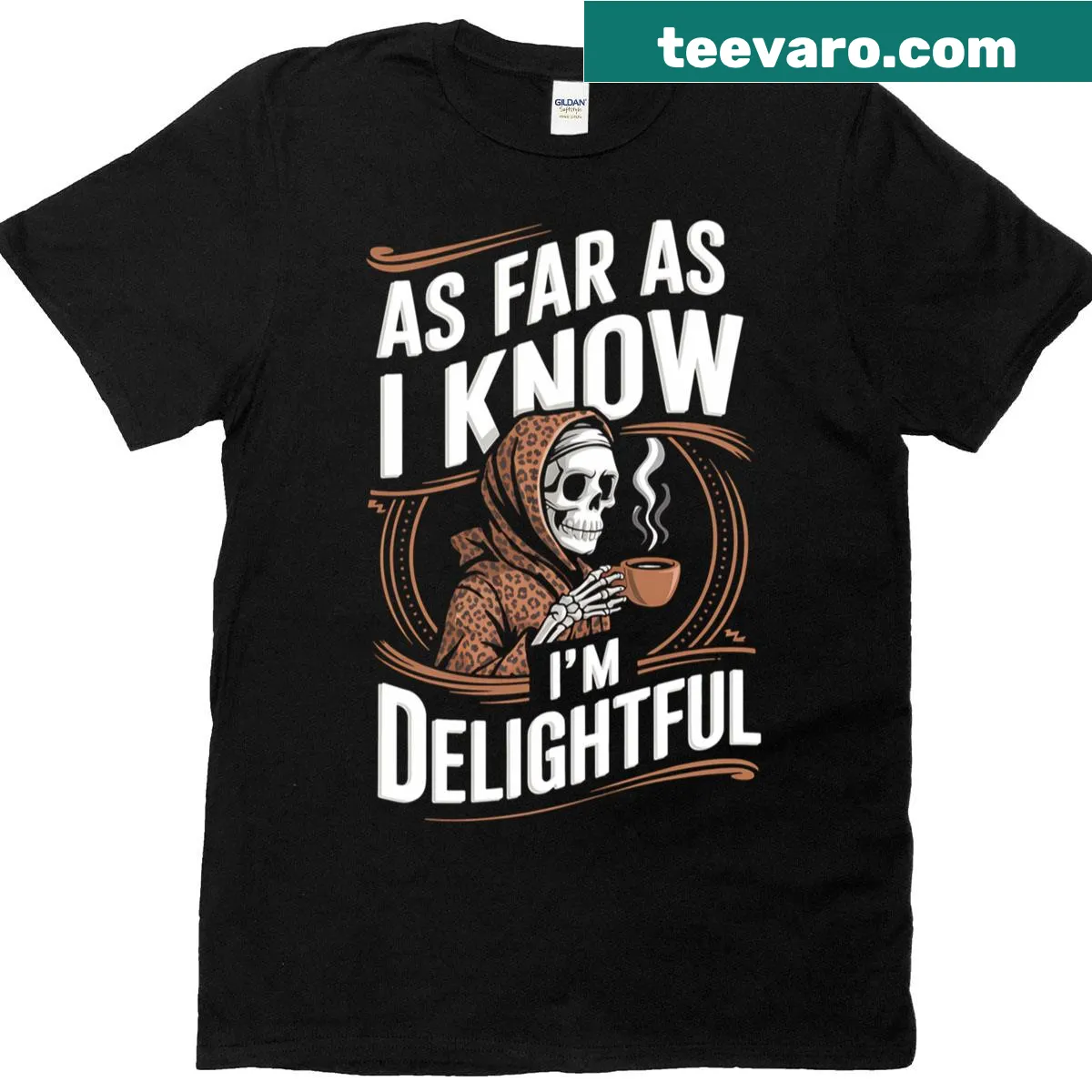 Funny skeleton mom T-shirt with whimsical typography saying delightful — on a men's t-shirt